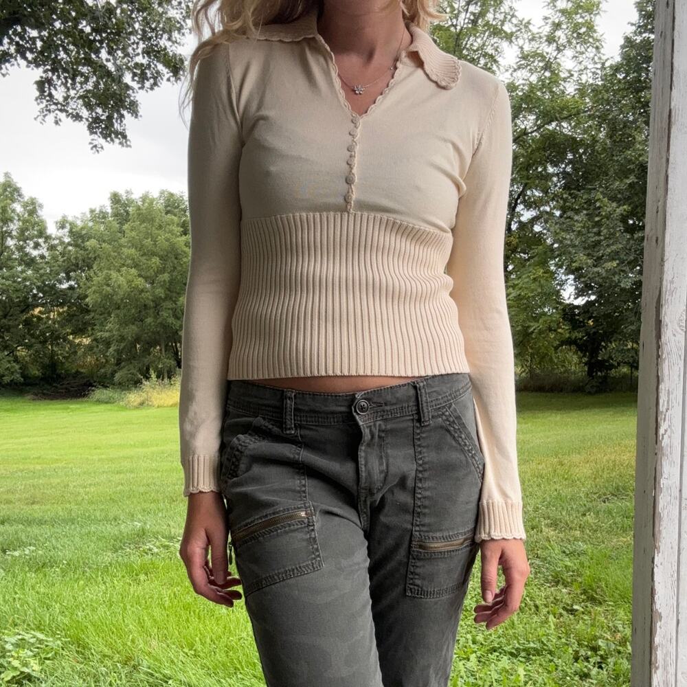 Max Studio Silk Blend Cream Ribbed Knit Polo Top Long Sleeve Sweater Small